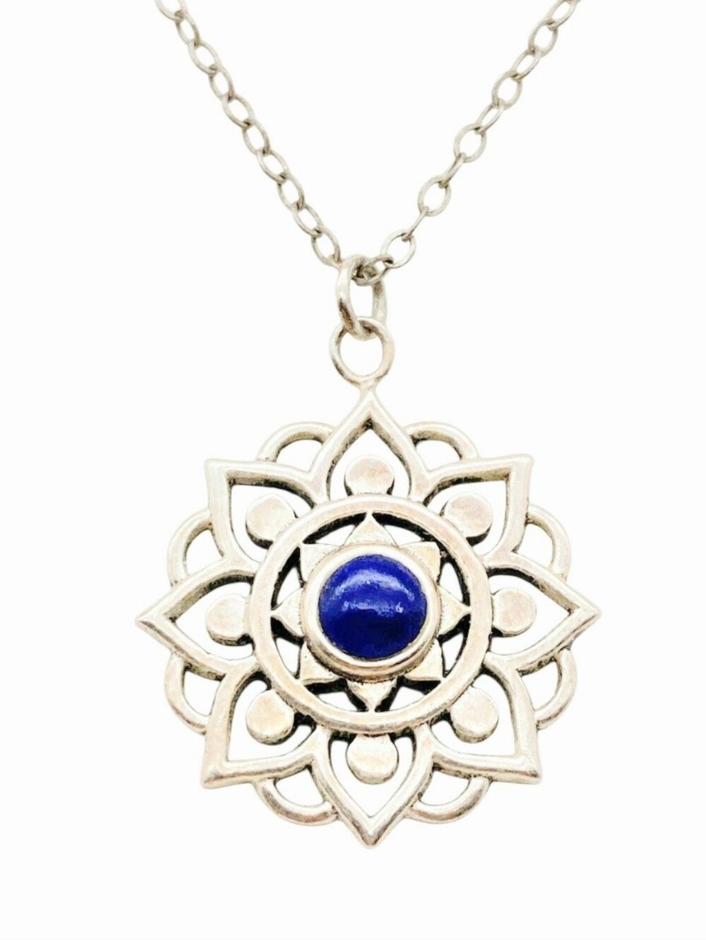 Vintage Sterling Silver Lapis Lazuli Lotus Mandala Pendant Necklace – Boho Chic